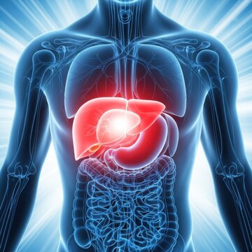 A detailed 3d rendering of the human digestive system highlighting the stomach.
