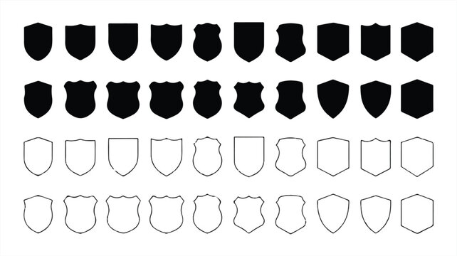 collection of black and white shield icons in various shapes and line styles for design use