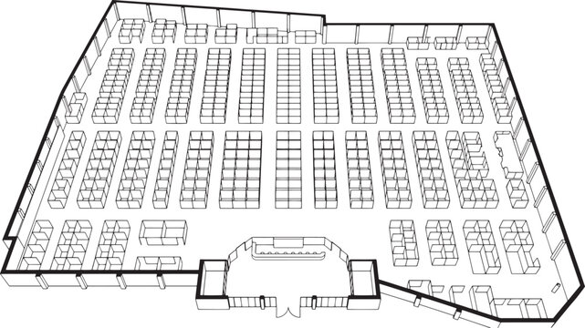 A Detailed Architectural Overhead View of a Shop Interior with Racks and Pathways, showcasing meticulous design and layout.