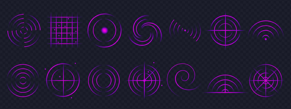 Violet radar waves echo through sound and wifi lines, each signal glowing softly under neon light. The gentle sensor effect turns technology into a pulse of futuristic elegance.