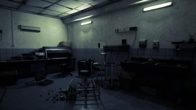 Dim hacker lair with scattered monitors and tangled cables, low blue glow and humming electronics lone operator story implies server racks, keyboards, routers