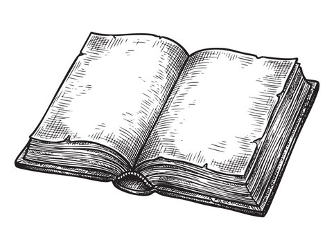 Vintage open book with blank aged pages and textured paper in a ink engraving line png