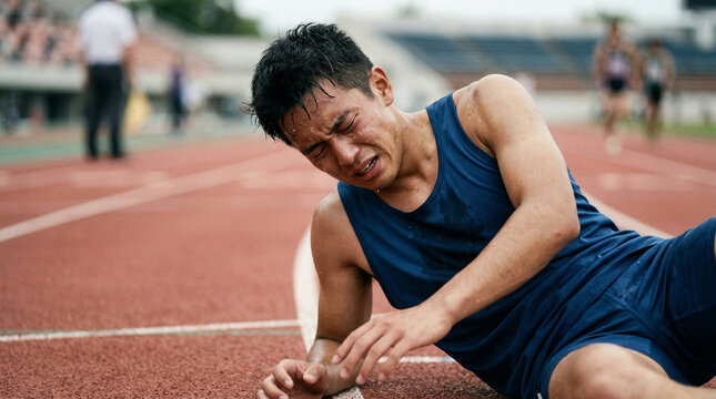 Exhausted young male athlete crying in disappointment and pain on a red running track after losing a race at a stadium
