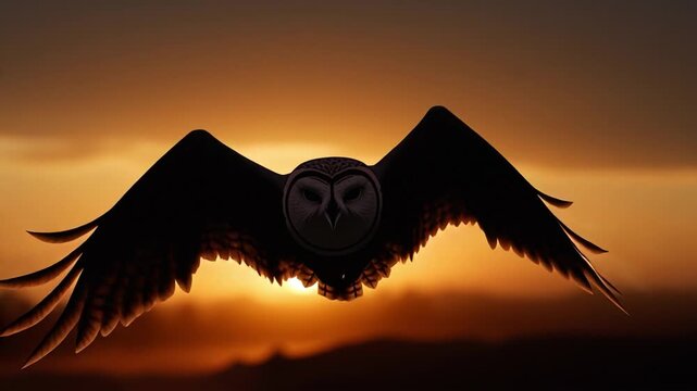 Majestic Owl's Aerial Dance: A barn owl soars gracefully against the warm backdrop of the setting sun, its silhouette a symbol of freedom and serenity.