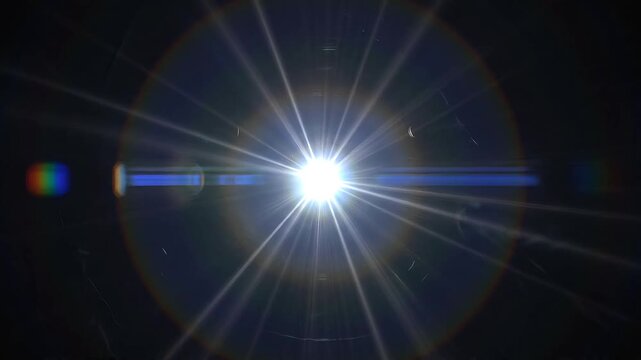 Realistic bright light glare in complete darkness, resembling a distant spotlight or camera flash