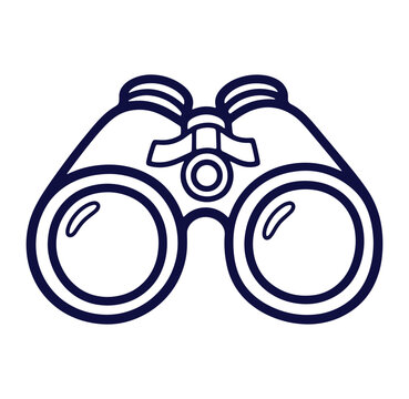 Detailed dark blue line art illustration of binoculars on a white background