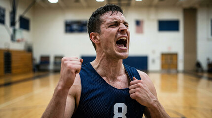 Emotional male athlete crying on a chair after a sports defeat, being comforted by supportive teammates in a crowded indoor arena