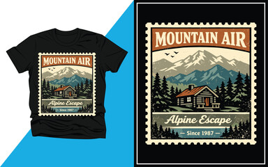 Obraz premium Vintage Mountain Cabin Postage Stamp Illustration – Alpine Escape Retro Travel T‑Shirt Design