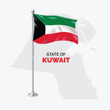 Kuwait National flag, State of Kuwait flag isolated on gray background. Realistic flag waving in the Wind. Wavy flag of Kuwait Vector illustration