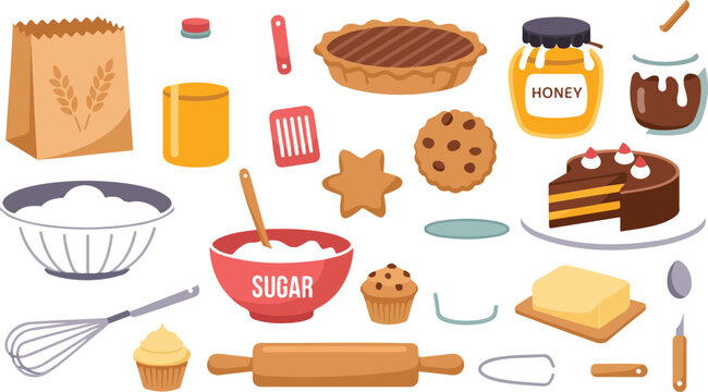 Cute cooking and baking ingredients vector set featuring chocolate cake, cookies, pie, donut, utensils, and kitchen supplies flat design