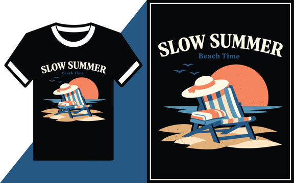 Slow Summer Beach Time T Shirt Design with Lounge Chair Sun Hat Sunset Ocean and Relaxing Vacation Illustration