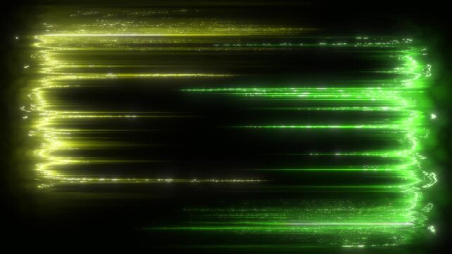 Cinematic loop of alternating green and yellow glitch light bars. Neon scanline data flow on dark background.