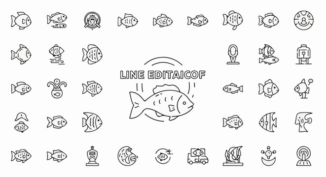 A grid of varied fish icons, including single fish, fish in water, and fish related objects