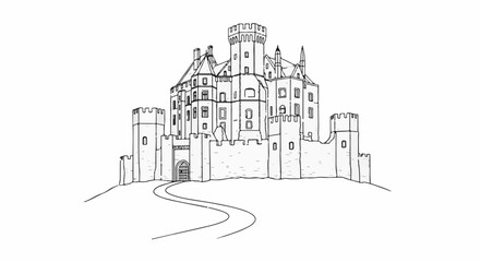 Obraz premium A detailed line drawing of a grand, multi-turreted castle on a hill