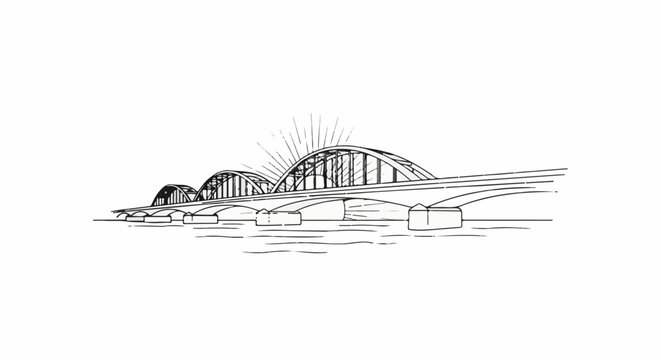 A detailed sketch of a large arched bridge crossing calm water at sunrise