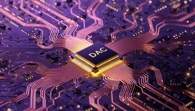 A close-up of a dac chip on a circuit board illustration