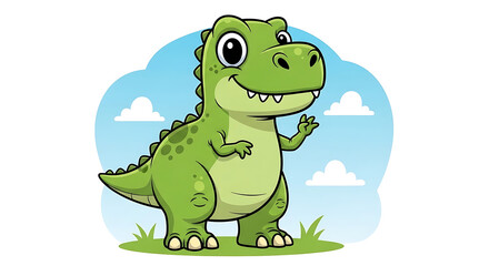 Fototapeta premium Cute cartoon green dinosaur character waving with a friendly smile in a grassy outdoor setting under a blue sky with clouds.