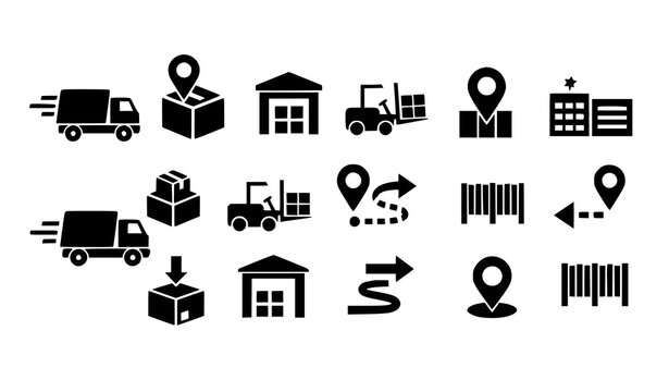 Modern logistics icons delivery truck package forklift warehouse and tracking symbols vector isolated on white