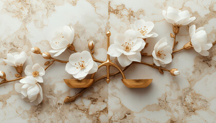 Sophisticated abstract representation of business balance and opportunity. Golden scales morph into blooming flowers on a soft marble texture with a neutral luxury palette. 