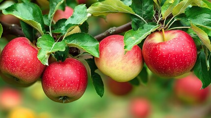 Obraz premium Vibrant Crimson Apples Hanging from Lush Green Trees, Ripening Under the Warm Summer Sunlight