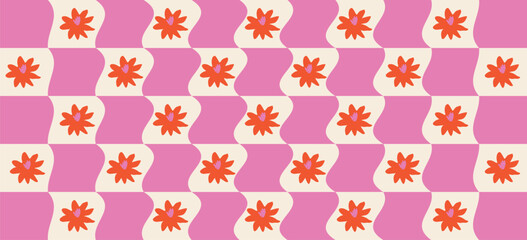 Seamless Retro Checkered Floral Pattern – Whimsical Hand Drawn Dopamine Design for Joyful Branding