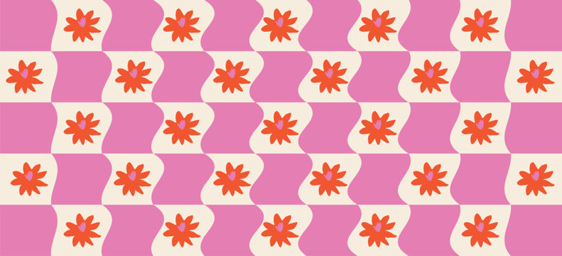 Seamless Retro Checkered Floral Pattern &ndash; Whimsical Hand Drawn Dopamine Design for Joyful Branding