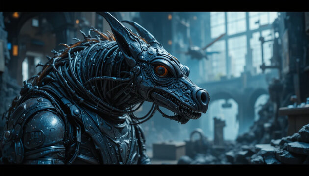 Futuristic Robot Dog with Mechanical Details in Industrial Setting