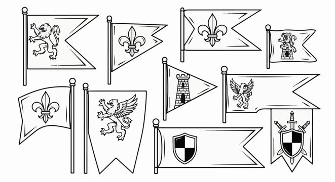 A collection of medieval banners featuring heraldic symbols and mythical creatures