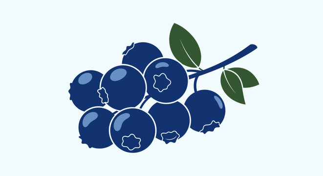 Vibrant cluster of ripe blueberries with fresh green leaves on a thin branch depicted in a clean modern flat design style against a soft solid light blue background symbolizing