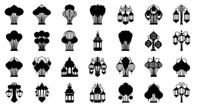 Collection of diverse black silhouette icons representing various decorative lanterns and stylized trees on a clean white background ideal for graphic design projects