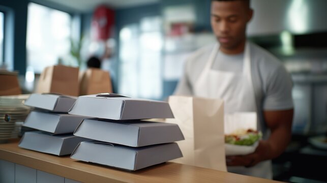 Stacked takeout boxes on restaurant counter as worker packs meals for pickup and delivery.