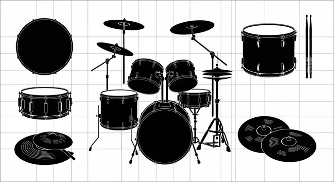 Complete drum kit silhouette with cymbals snares toms bass drum and drumsticks isolated on white grid background professional musical instrument for recording studio or live