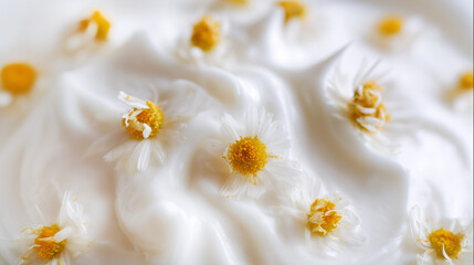 Obraz premium creamy white moisturizer with natural chamomile plant extracts, clinical and fresh aesthetics, detailed texture of skin care product
