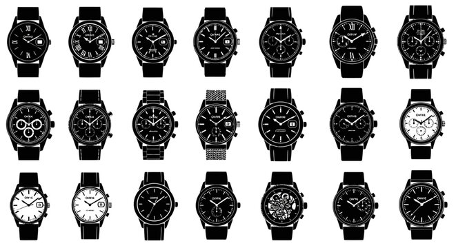 Collection of diverse wristwatches displayed in a grid layout showcasing various styles from classic to modern with different straps and dials isolated on a white background