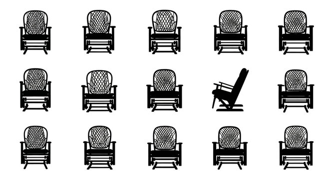 Collection of identical wicker rocking chairs arranged in a grid with one distinct black silhouette rocking chair standing out symbolizing individuality and uniqueness