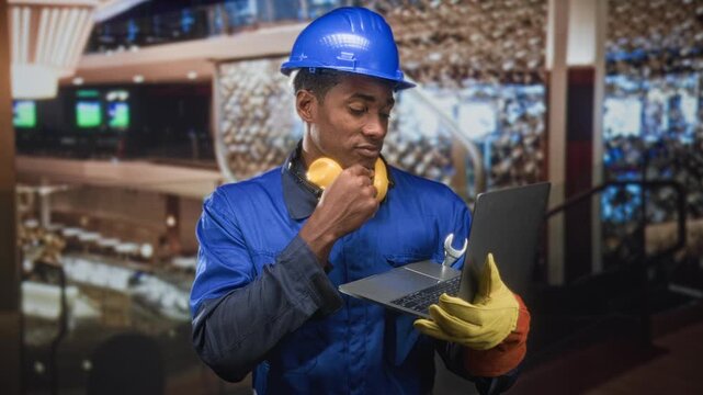 Man in hardhat wearing blue coverall and noise cancel headphones holding laptop with wrench and hand to chin in building; focused problem solving.