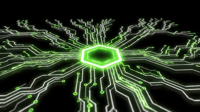 Futuristic Green Circuit Board Technology Animation with Central Hexagon Chip.