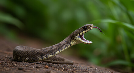Fototapeta premium Venomous Snake with Open Mouth Showing Fangs and Forked Tongue in Natural Forest Setting