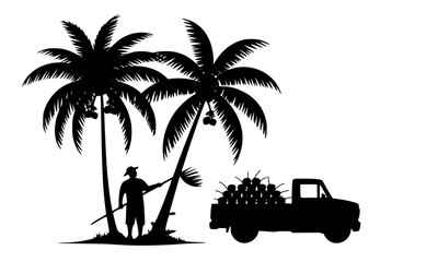 Obraz premium Black silhouette of a tropical farm scene featuring palm trees, a farmer harvesting fruit, and a loaded pickup truck, perfect for agriculture, plantation, and tropical themed designs
