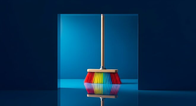 Colorful Bristles of a Broom Standing Tall Against a Deep Blue Backdrop