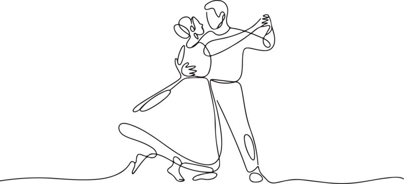 Continuous line drawing of an elegant couple gracefully dancing together, capturing the fluid movement and romantic connection of their performance