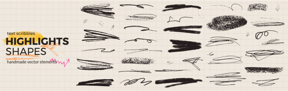 Highlight handmade lines and emphasis with crayon pencil texture in charcoal. Doodle underline sketch on grid notebook for school planner. Handmade highlight vector elements with freehand strokes.
