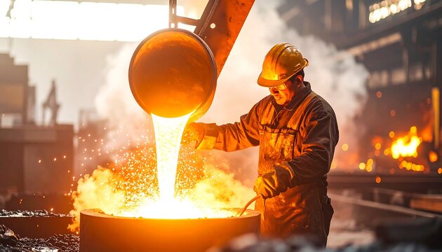 A foundry worker, clad in protective gear, pours molten metal into a mold. Bright light and heat emanate