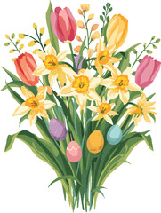 Obraz premium Vector Spring Flowers Bouquet with Tulips, Daffodils, and Easter Eggs