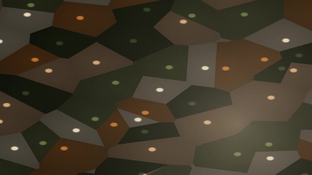 An abstract image of tessellated polygons in muted earth tones, overlaid with glowing dots