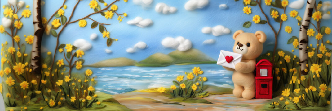 Cute Felted Teddy Bear with Love Letter by Red Mailbox in Whimsical Spring Landscape, Wide Illustration