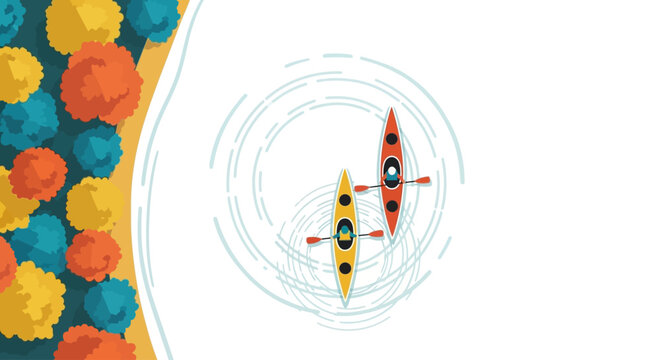 Aerial view of two kayaks on water with colorful floral elements on transparent background silhouette