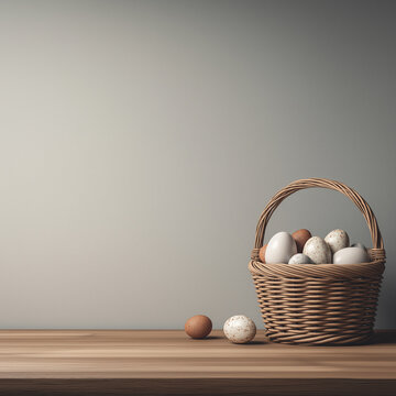 Clean studio scene with Easter basket and empty space for product, commercial ad composition