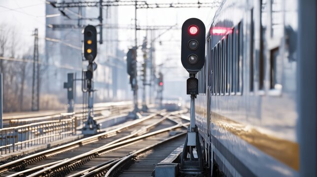 Red railway signal by passing train on multi-track rail junction with overhead lines in urban setting.