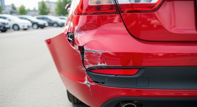 Para-choque traseiro amassado e arranhado de um carro vermelho. Conceito de acidente de tr&acirc;nsito e seguro automotivo